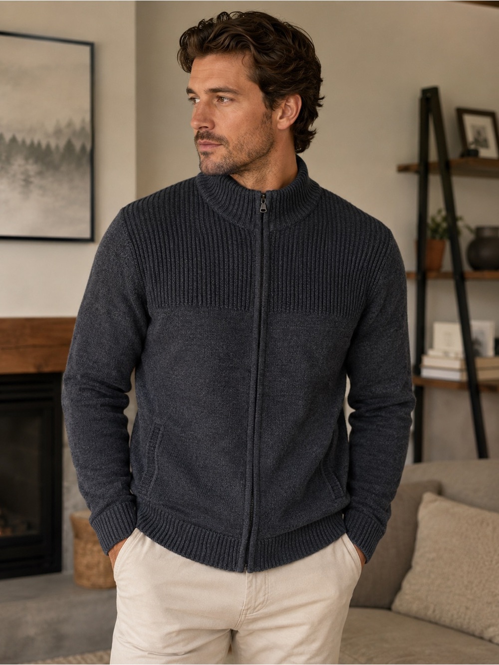 Men's Zip-Up Knit Cardigan Sweater - Charcoal
